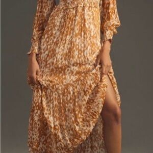 NWT ANTHROPOLOGIE Ruffle V-Neck Maxi Golden Brown/White Geometric Dress Sz S